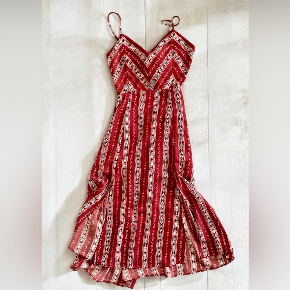 Lulus Calabash Rust Red Print Midi Dress Sx XS